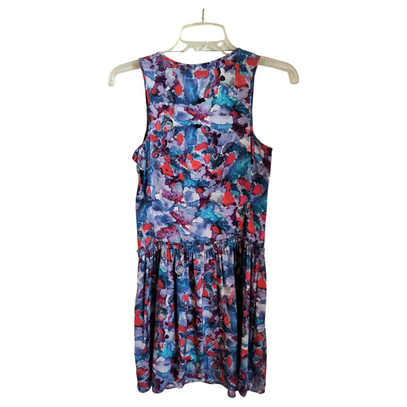 Theory Silk Watercolor Mini Dress Women's Size 0 Blue Sleeveless Side Pockets - Picture 13 of 16
